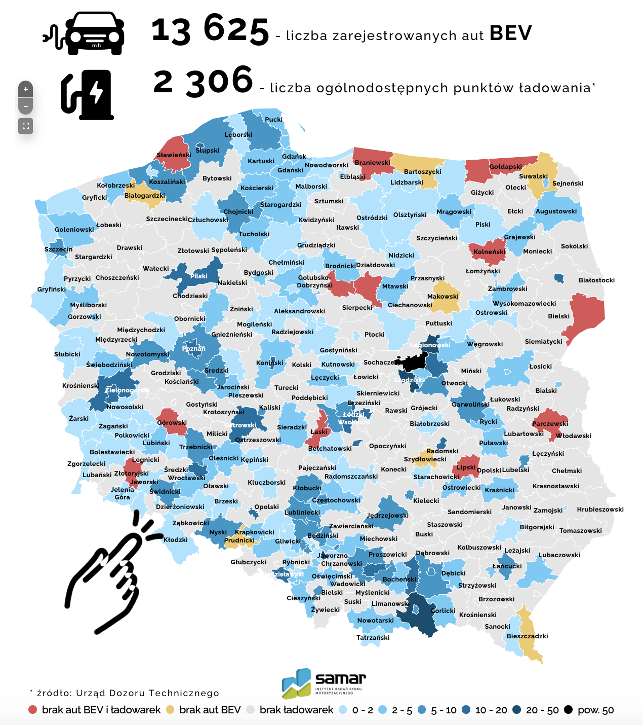 Mapa punktów ładowania samochodów elektrycznych w Polsce, źródło: Samar